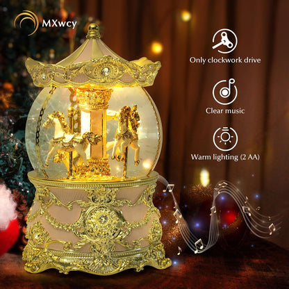 Carousel Music Box Gold & Ivory Christmas Snow Globes, 8.3" Rotate Carousel Snow Globe for Kids & Adults, Classic Wind up Musical Snow Globe Birthday Gifts for Women Girls, Carousel Horse Home Decor