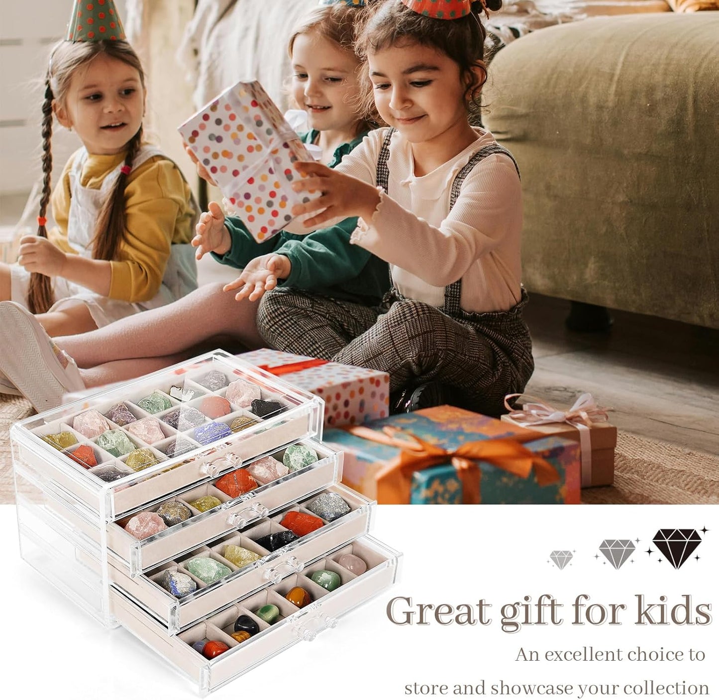 Bfttlity Acrylic Rock Display Case,54 Grids Rock Collection Box for Kids with Mini Magnifying Glass and Gloves, Clear Display Cases for Stones Collectibles Gemstone Crystals Storage Boxes