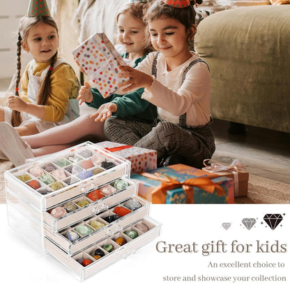 Bfttlity Acrylic Rock Display Case,54 Grids Rock Collection Box for Kids with Mini Magnifying Glass and Gloves, Clear Display Cases for Stones Collectibles Gemstone Crystals Storage Boxes