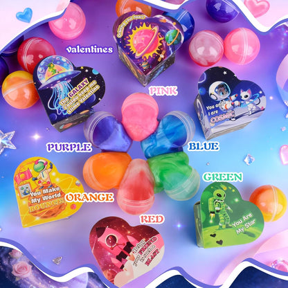 30 Pack Kids Valentines Day Galaxy Slime Gift Kit with Greeting Card Box Stress Relief Fidget Toy for Classroom Exchange School Prizes Birthday Supplies, Valentines Gifts for Kids Classroom