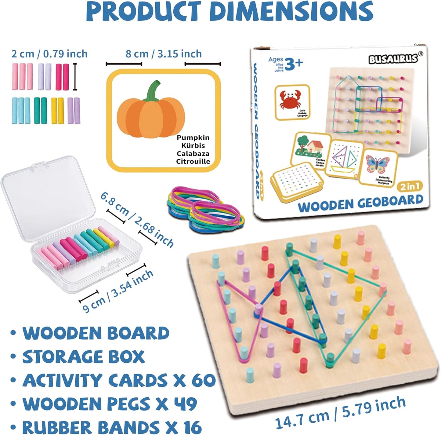 2-in-1 Wooden Peg Board & Geoboard for Kids Ages 5+, Montessori Fine Motor Skills Toy with 49 Wooden Pegs, 60 Activity Cards, Rubber Bands & Storage Box, Shape Building and Pattern Matching Game