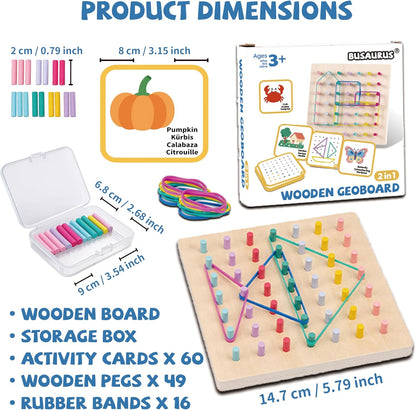 2-in-1 Wooden Peg Board & Geoboard for Kids Ages 5+, Montessori Fine Motor Skills Toy with 49 Wooden Pegs, 60 Activity Cards, Rubber Bands & Storage Box, Shape Building and Pattern Matching Game