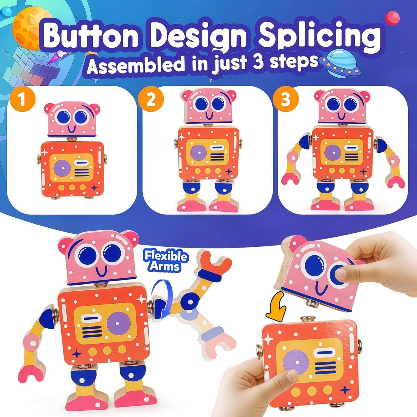 Robot Toys for Kids 3-5,Montessori Wooden Learning Toy with Take Apart Features Robots,STEM Educational Play Fine Motor Games for Toddler Boys Girls