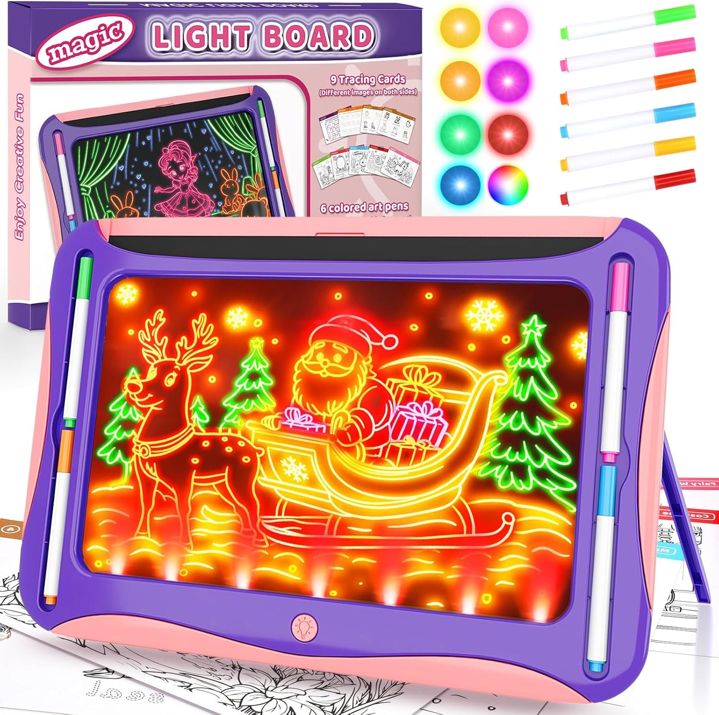 YUBALEER Magic LED Drawing Board for Kids, Toys for Boys Ages 5-7, Light Up Tracing Pad with 9 Double-Sided Cards, 6 Washable Pens, Glow Up Toys for Kids 4-6 Year Old Christmas Birthday Gifts