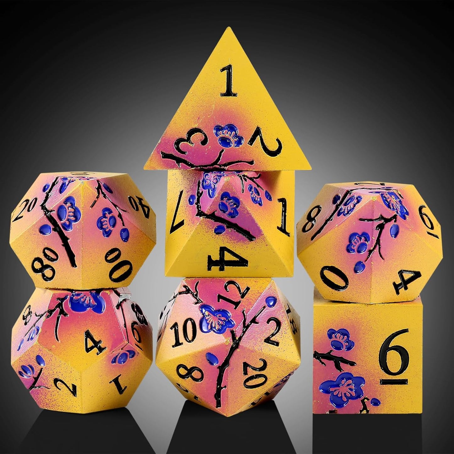 DnDnD Heavy Polyhedral Metal Dice Set with Metal Box, 7-die Shiny Blue Surface with Golden Number for RPG,Dungeons and Dragons,Pathfinder,Shadowrun,D&D,Role Palying Game and Math Teaching - Colors A