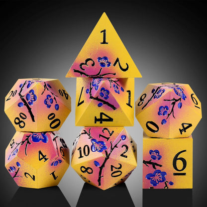 DnDnD Heavy Polyhedral Metal Dice Set with Metal Box, 7-die Shiny Blue Surface with Golden Number for RPG,Dungeons and Dragons,Pathfinder,Shadowrun,D&D,Role Palying Game and Math Teaching - Colors A