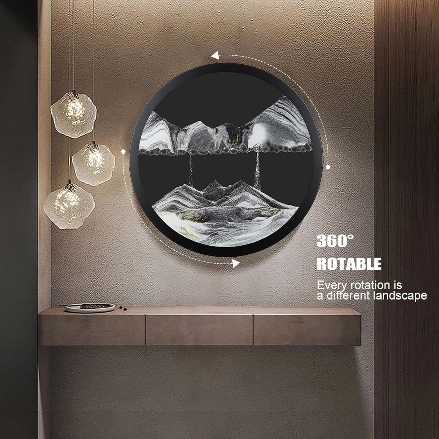 17.3" Moving Sand Art, 3D Sand Art Pictures Deep Sea Sandscape Living Room Decoration, 360° Rotate, Glass Crafts Solid Wood Frame, Relaxing Mood Home Office Work Wall Art Decor