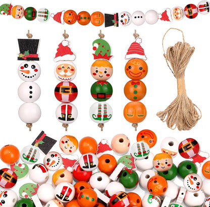 Christmas Wood Beads for Crafts DIY Ornaments,144 Pcs Premium Wooden Beads Garland with Twine, Santa, Snowman Elf Charms - Adult Kids Craft Kits for Xmas Decor, Holiday Party Supplies