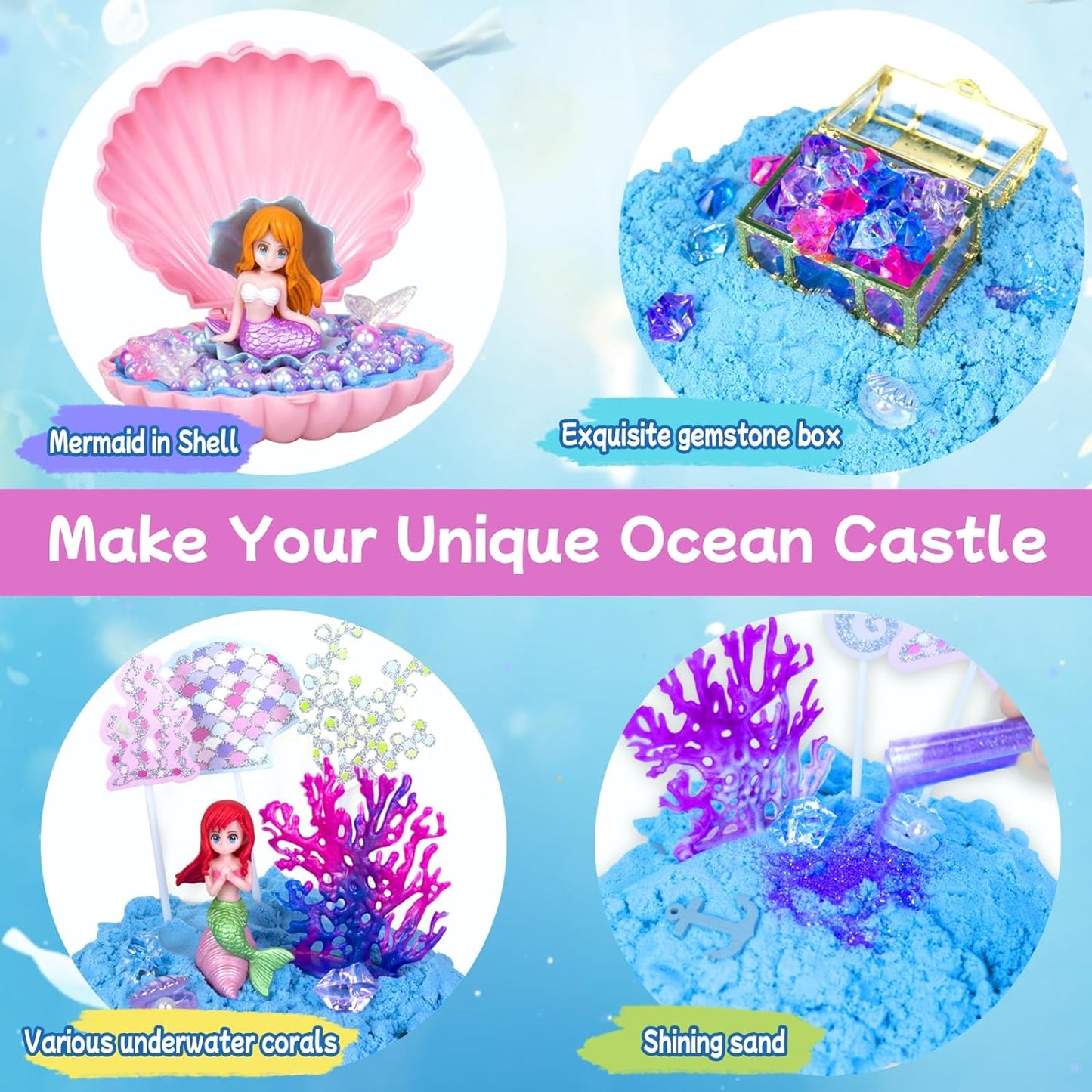 Play Sand Kit for Girls, Ice Cream Sensory Bin Sandbox, Creative Bake Shop with 2.2lbs Magic Sand, Ice Cream & Cake Models, Cleaning Tools, Pretend Beach Cake Stand Toys Gift for Toddler Ages 3-8