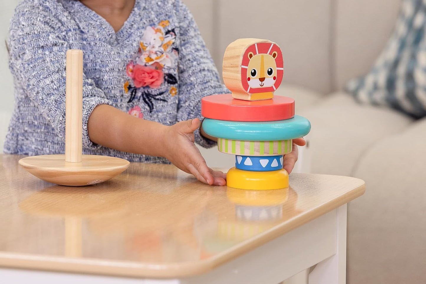 Jasey's Toy Chest Lion Stacking Rings | 7-Piece Wooden Stacker Toy with Colorful Rings & Lion Topper | Educational Toy for Toddlers Ages 12+ Months