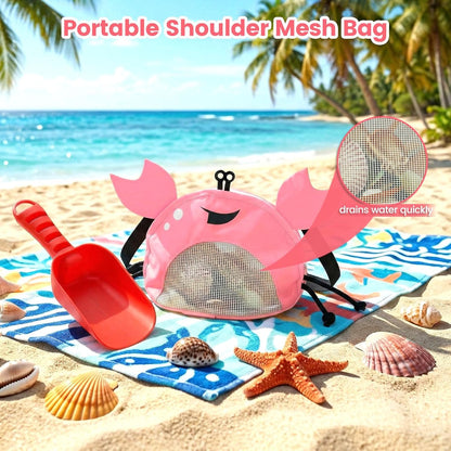 AMOR PRESENT Mesh Baby Beach Bag, Shell Collecting Bag with Shovel Crab-Shaped Adjustable Strap for Holding Shell Sea Pool Sand Toy, Blue