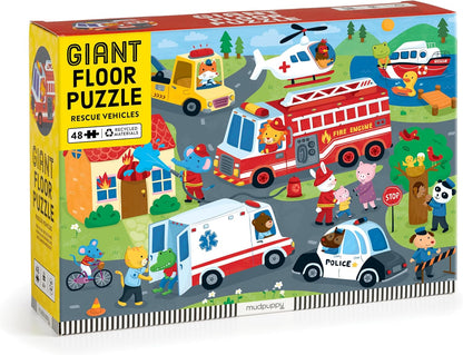 Mudpuppy Rescue Vehicles – 48 Piece Giant Floor Jigsaw Puzzle Featuring A Colorful Scene of Different Kinds of Rescue Transportation Vehicles and Adorable Rescue Characters