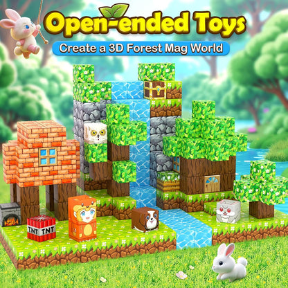 Magnetic Blocks, Build Mine Magnet World Forest Farm Edition, Magnetic Building Blocks for Kids Ages 4-6 6-8 8-12, Sensory STEM Toys for Boys & Girls
