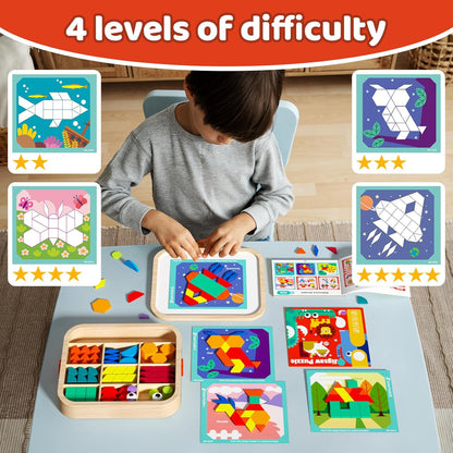 Wooden Magnetic Pattern Blocks Set with Activity Cards, 288 PCS Montessori Puzzle Toys for Toddlers 4-8, STEM Learning Gift for Boys Girls 4 5 6 7 8