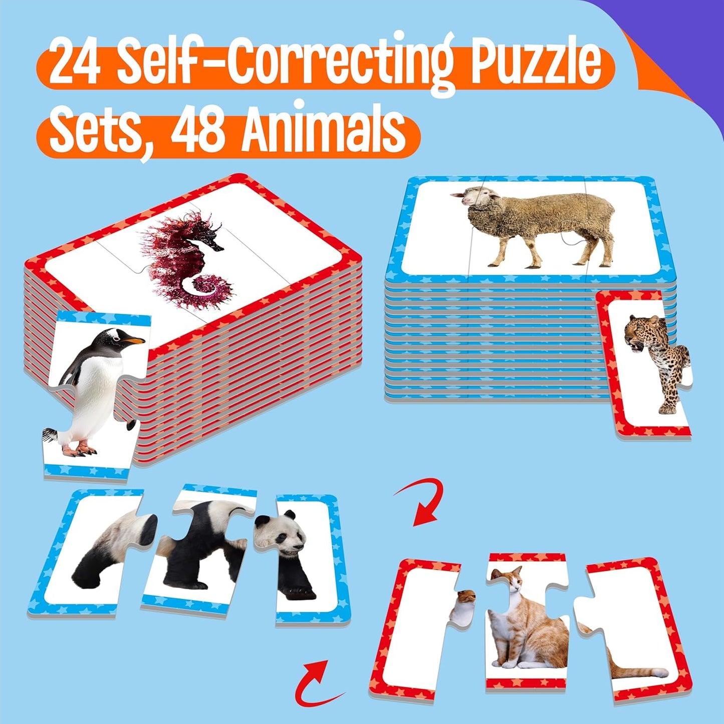 72 Word Spelling Puzzles with Error-Correction Mechanism in 3 Pieces, Perfect for Preschool Learning (36 Block Double Sided)