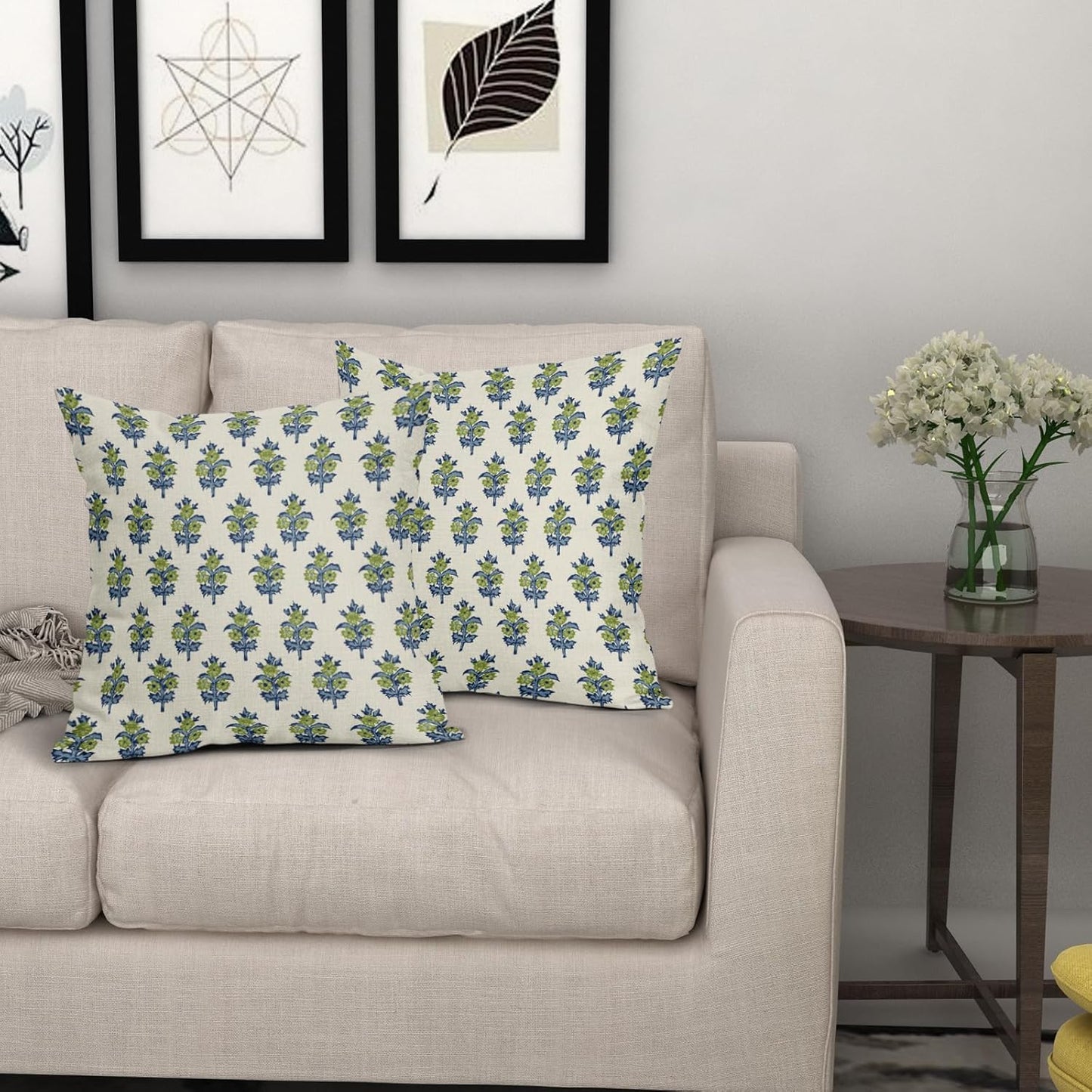 Sage Green Blue Floral Block Print Pillow Covers 18x18 Set of 2 Spring Flower Pattern Decorative Throw Pillowcases Outdoor Rustic Farmhouse Square Cushion Cases Decor for Home Couch Sofa Bed