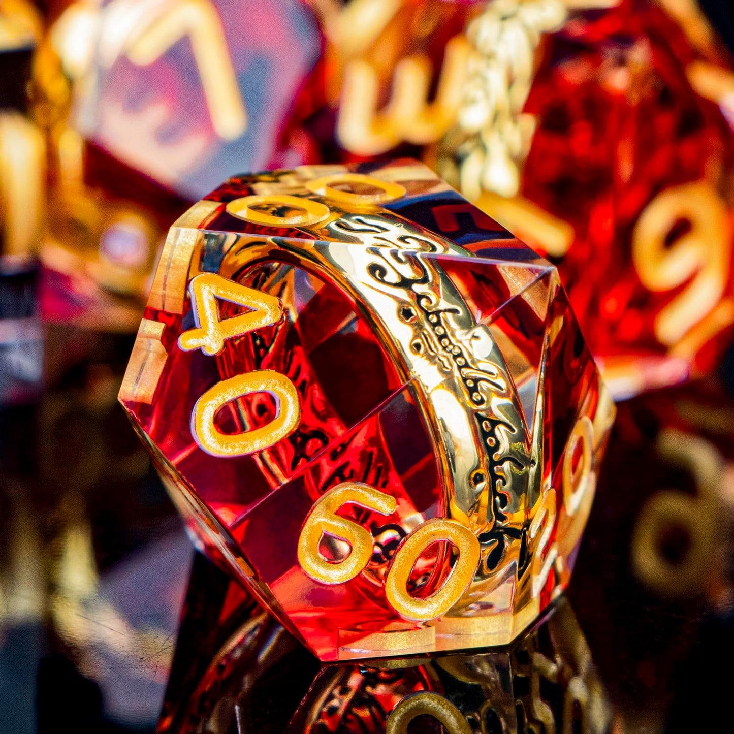 Magic Golden Ring DND Dice Set Sharp Edge Red Resin Dice with Box, for use with Dungeons Dragon RPG D&D Tabletop Games Lord D and D Polyhedral Dice Set