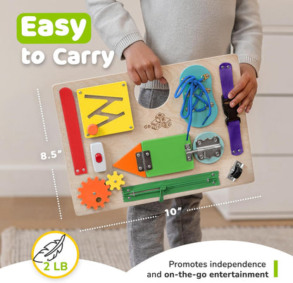 deMoca Toddler Busy Board for 1 Year Old, Travel Baby Wooden Montessori Busy Board for Toddlers 1–3, Switch and Fidget Activities for Early Motor Skills and Travel Play