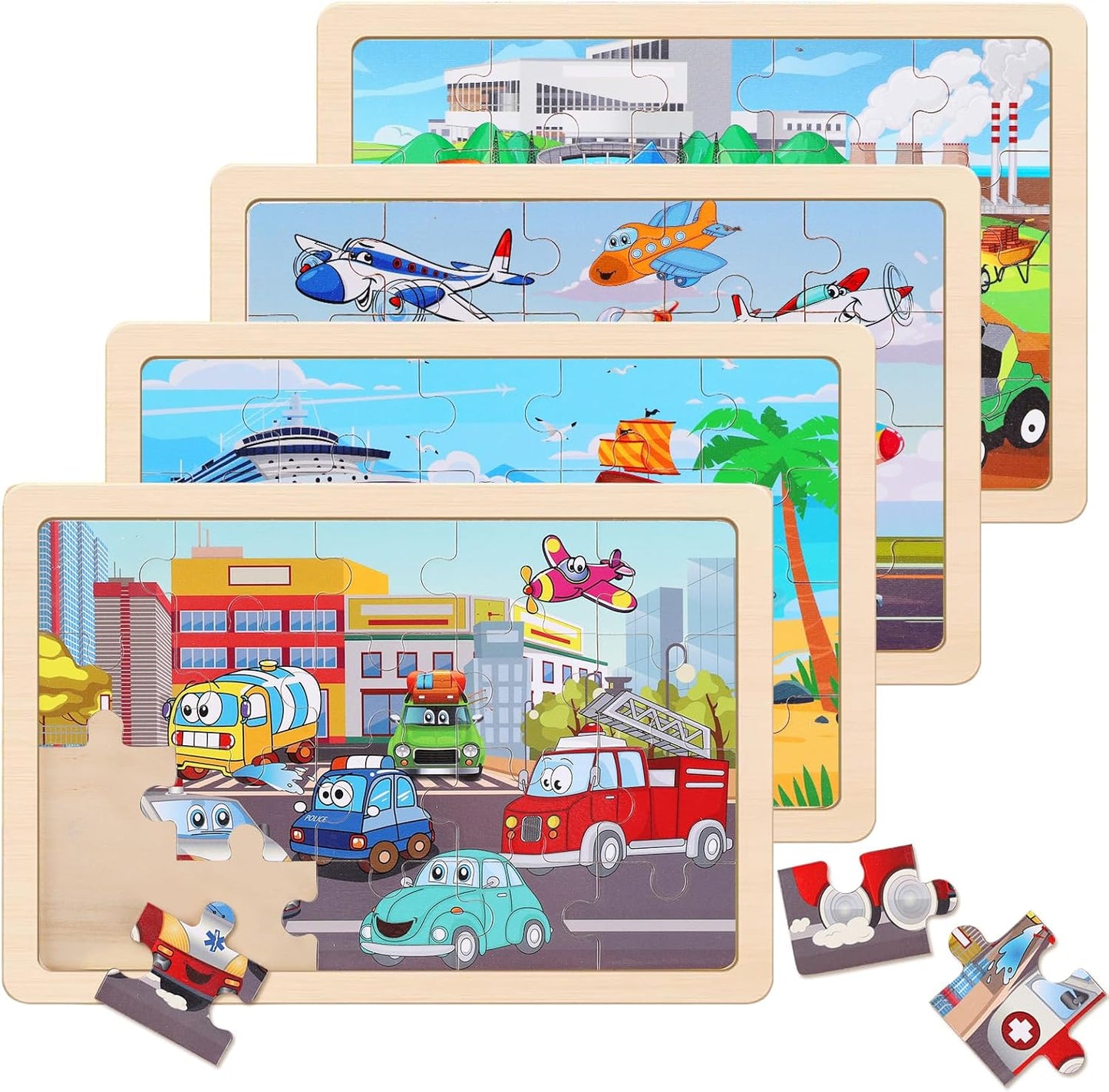 Wooden Puzzles Toys for Kids Ages 3-5, Set of 4 Packs with 20-Piece Farm, Animals Theme Wood Jigsaw Puzzles, Preschool Educational Brain Teaser Toys for Boys and Girls 3-6 Years Old.