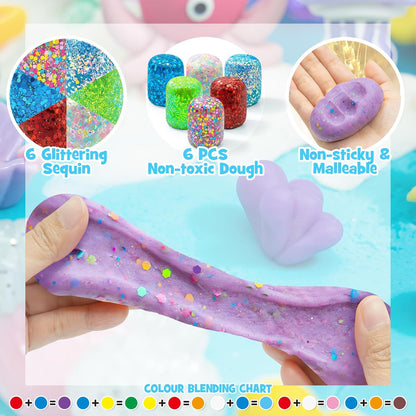 SIMPLIPLAY Mermaid Sensory Kit, 18oz 6 Pcs Glitter Doughs with Accessories(150 Pcs+), Non-Toxic Play Dough Set, Sensory Dough Kit for Toddlers 3 4 5 6 Year Old with Cutter, Mermaid Toys