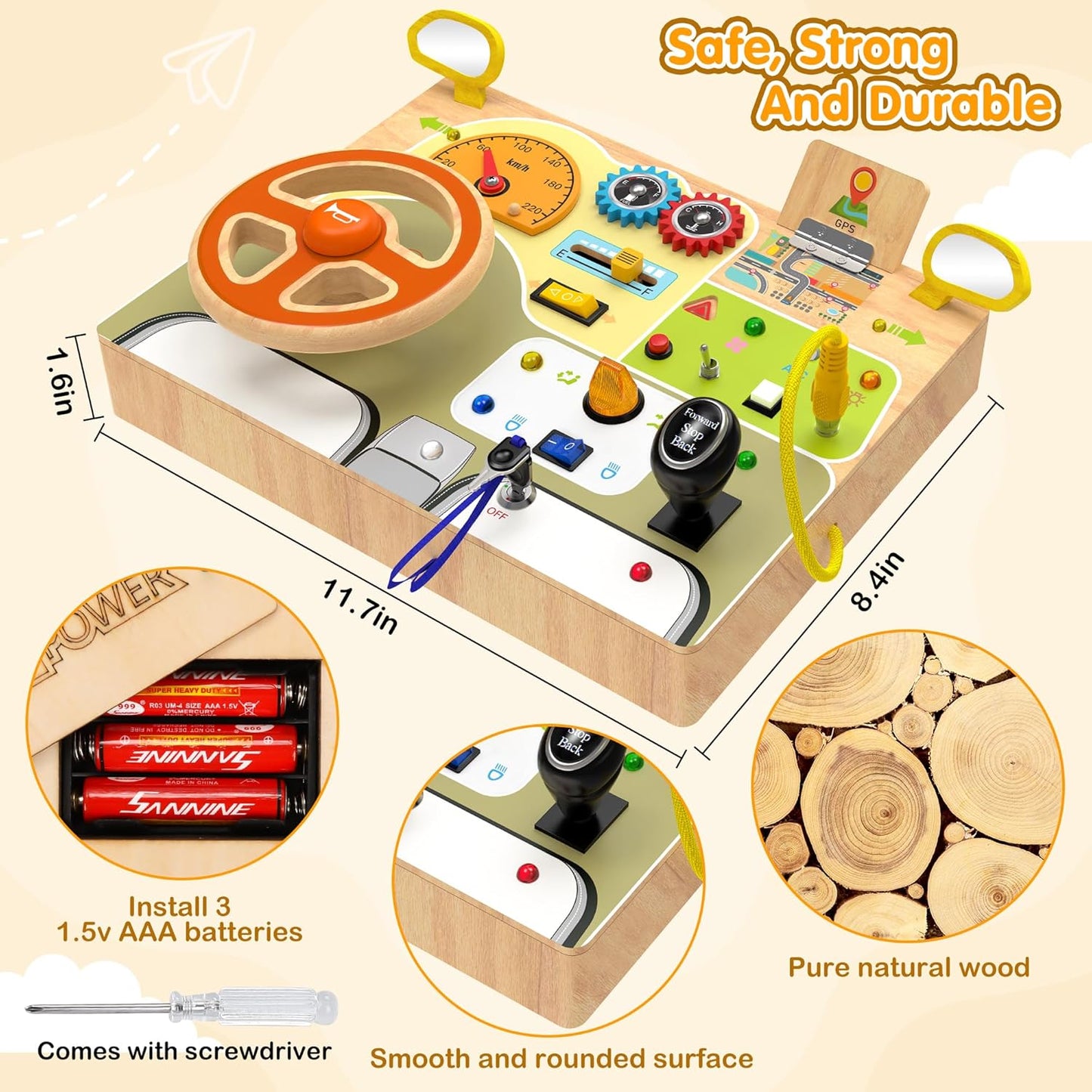 JGOBUB Montessori Toddler Toys - Baby Wooden Busy Board - Sensory Toys with Light Switch - Travel Toys for Educational Toddler Activities for Toddlers 3 4 5 6+ Year Old