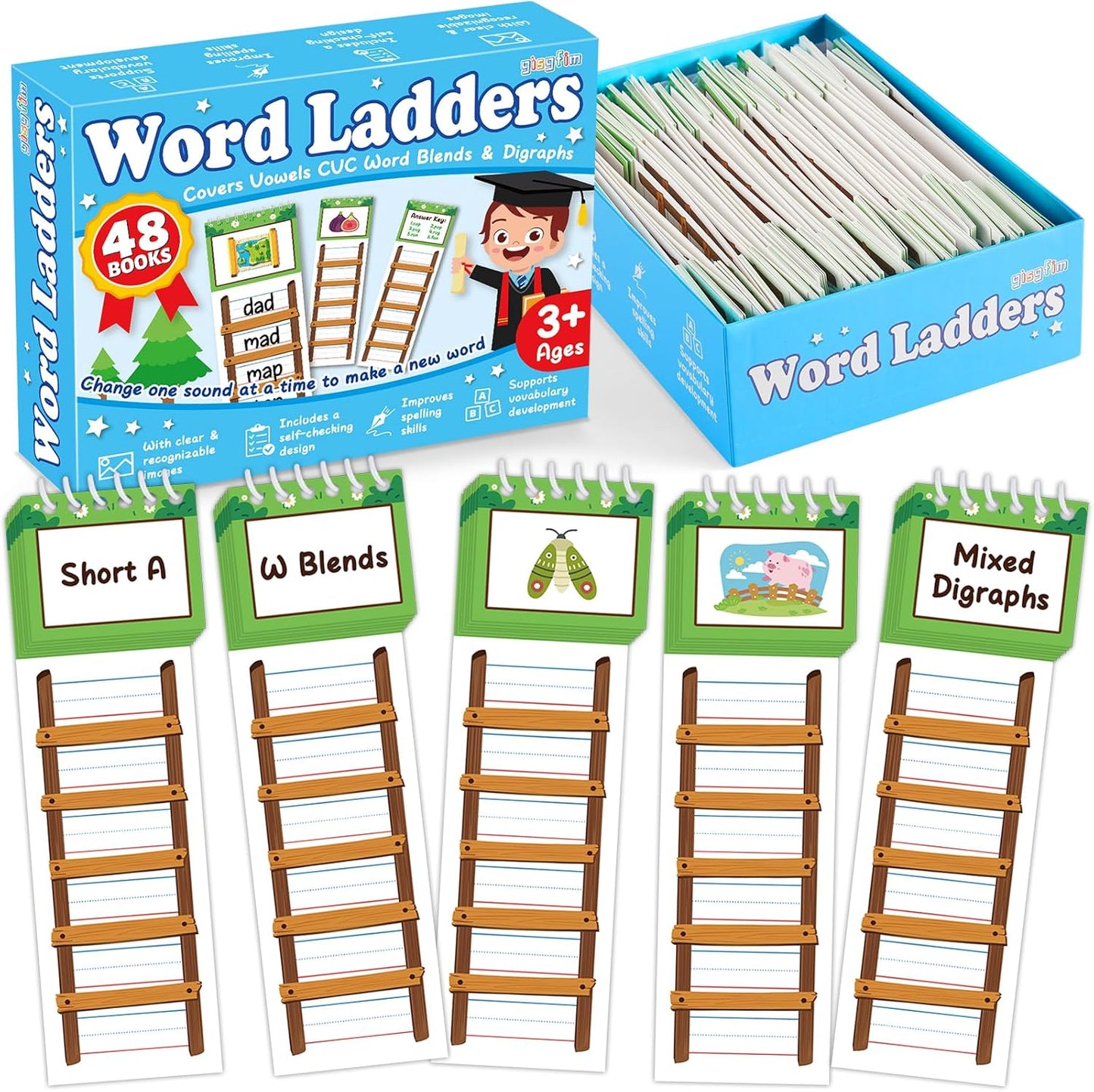 gisgfim 48 Word Ladders Flip Books Sight Words Flash Cards Kindergarten Reading and Spelling Games Phonics Games Flash Cards Preschool Learning Activities for Kindergarten Classroom