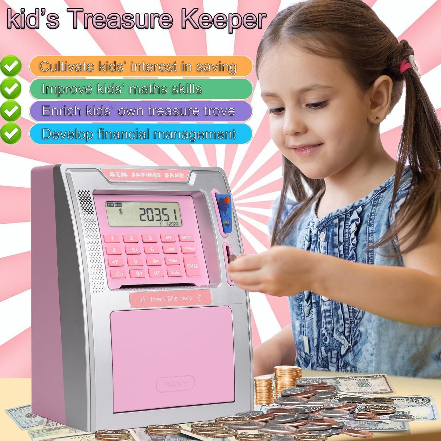Fishboy Talking Pink ATM Piggy Bank for Kids with Dual Debit Cards, Power-Off Memory, Auto-Opening Drawer for Real Money for Girls, Onekey Shutdown, Bill Feeder, Coin Recognition, Balance Calculator