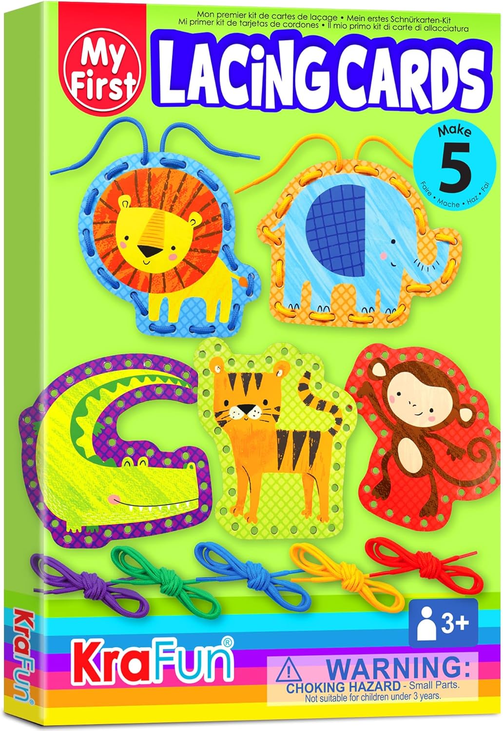 KRAFUN My First Lacing Cards Kit for Toddlers & Kids Age 3+, 10 Safari Animal Arts & Crafts Projects, Fine Motor Skills Toys with Lion Monkey Elephant Tiger Giraffe Hippo Zebra Bear