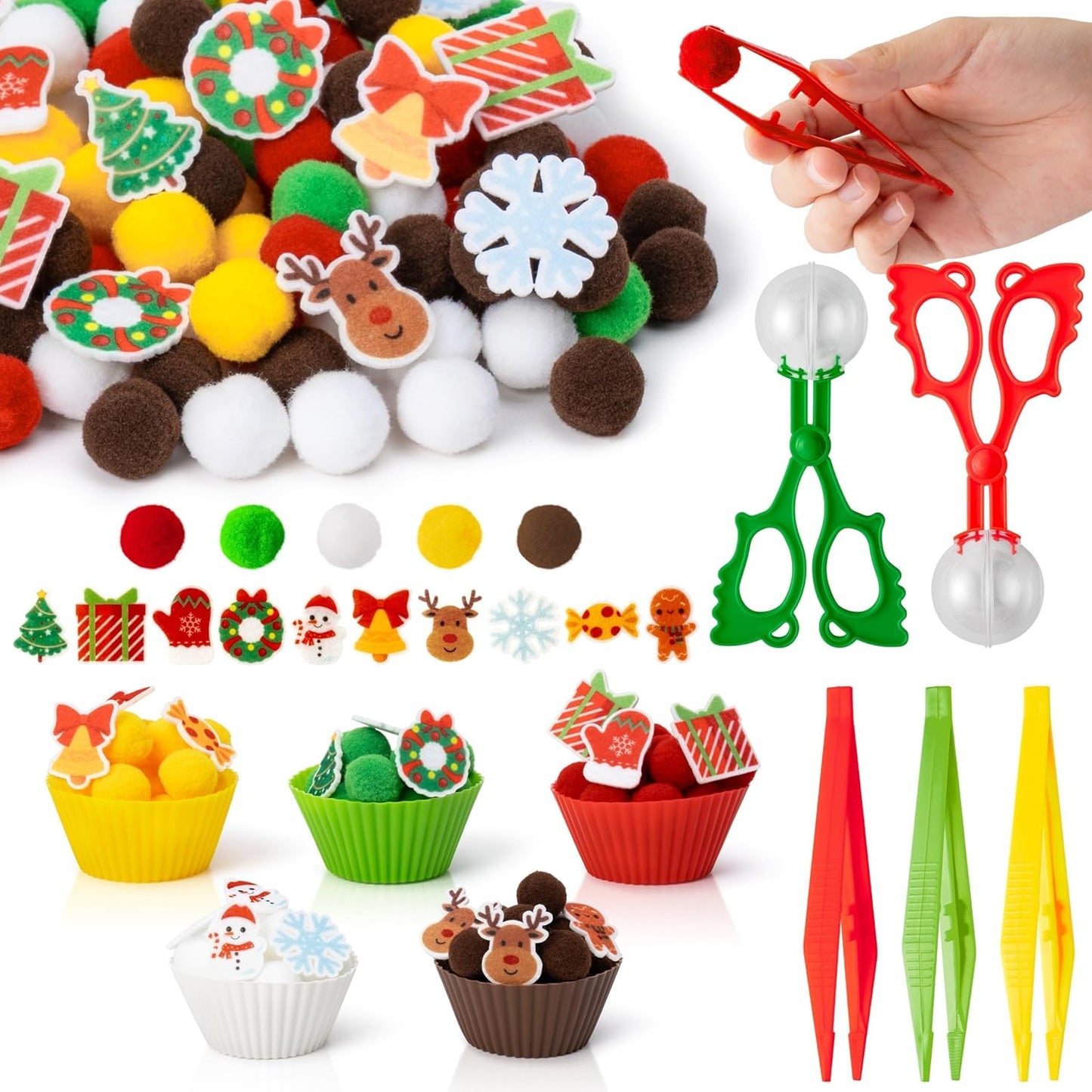 Summer Sensory Bin Fillers - 266Pcs Summer Gift Fine Motor Toys Counting Sorting Toys for Kids, Felt Xmas Tree Snowman Elk Pom Poms Cup Clip for Preschool Education Activities