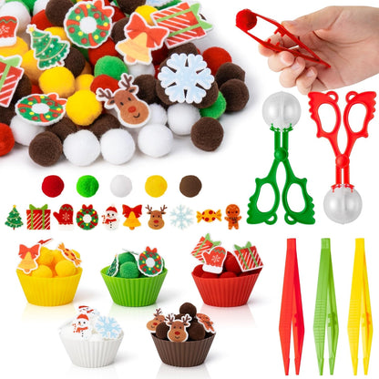 Summer Sensory Bin Fillers - 266Pcs Summer Gift Fine Motor Toys Counting Sorting Toys for Kids, Felt Xmas Tree Snowman Elk Pom Poms Cup Clip for Preschool Education Activities