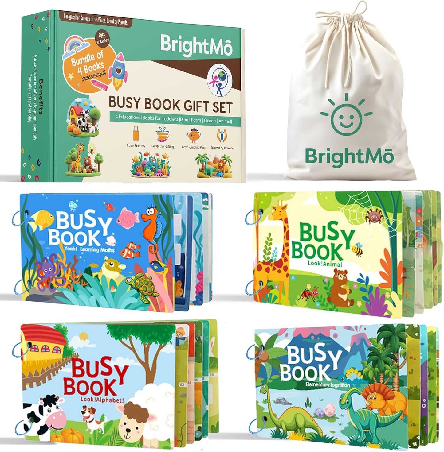 Montessori Busy Book Set (4-in-1) – Preschool Learning Activities for Ages 3+, Fine Motor Skills, Travel Activity Kit, Dinosaur Farm Ocean Animal Themes