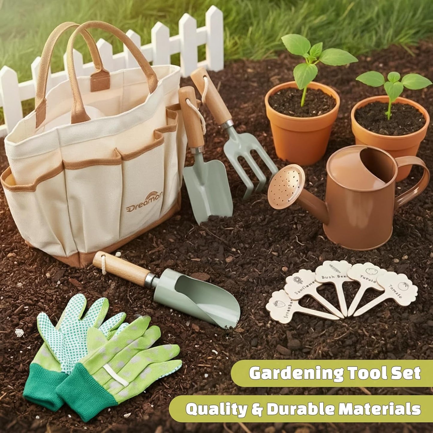 Kids Gardening Set, Quality Gardening Tools Outdoor Toys Set for Kids Toddler, Includes Tote Bag, Gloves, Watering Can, Shovel, Rake, Cultivator, Garden Tool Kit Learning Outdoor Gifts for Boys Girls