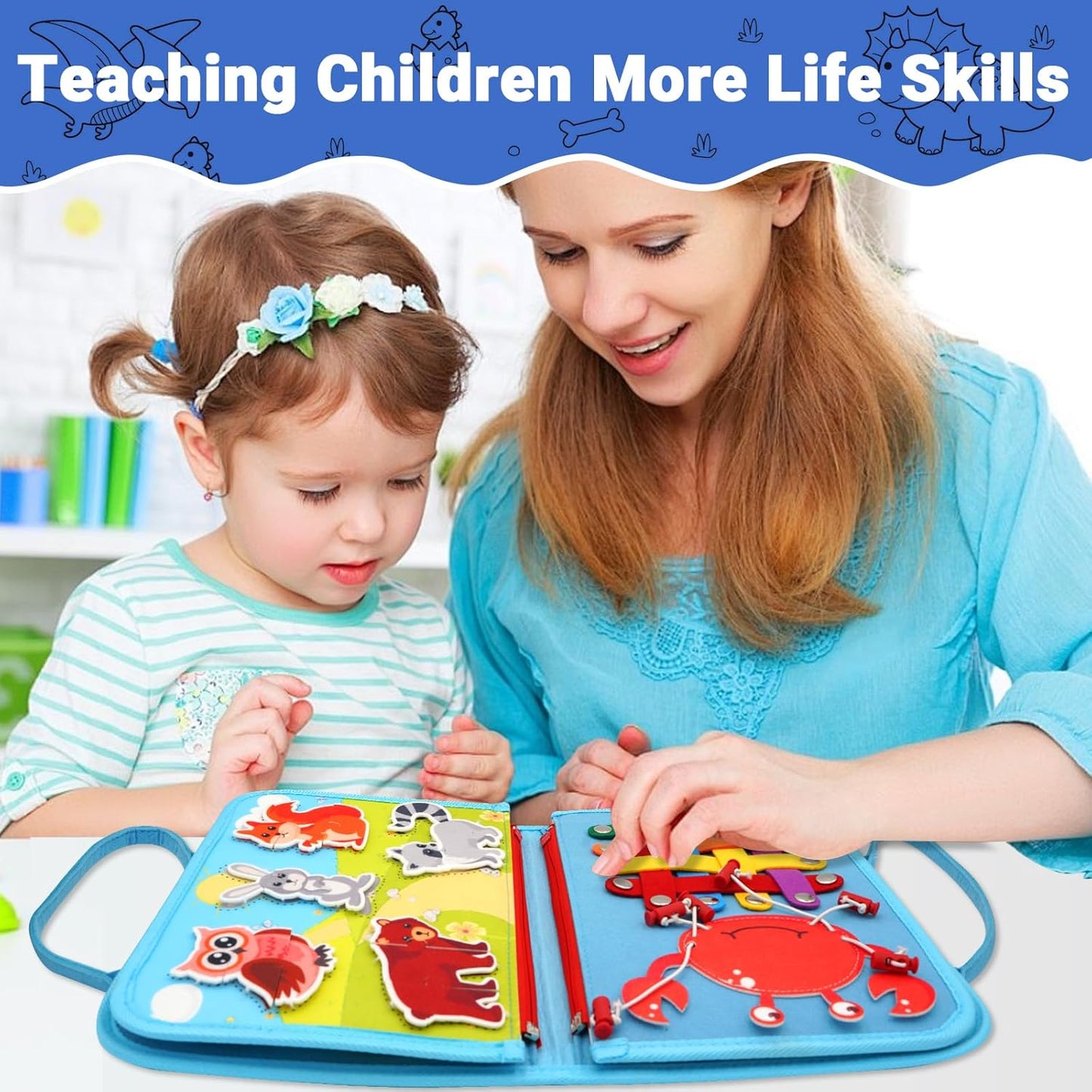 MEGRANATE Montessori Busy Board, Baby Busy Book Educational Learning Toys for Toddlers Quiet Book Activity Books Buckle Toy Fine Motor Skills Toys for 3+ Year Old Kids (Blue)