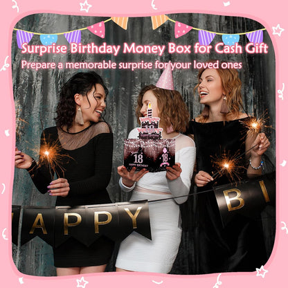 Birthday Money Box for Cash Gift Pull, Surprise Gift Boxes for Money, Money Holder Box with Pull Out Happy Birthday Card and 50Pcs Transparent Bags, Money Gift Ideas for Kids and Adults
