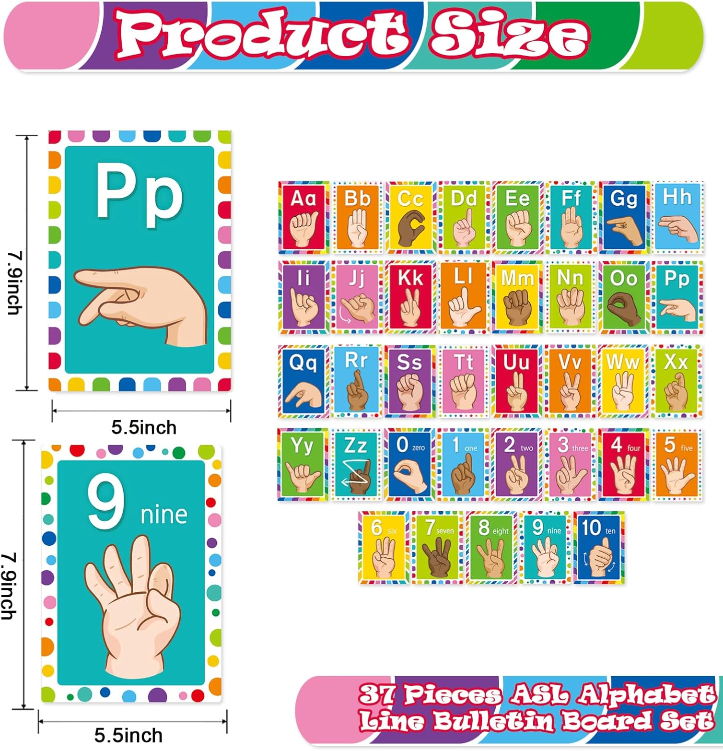 Sign Language Bulletin Board Alphabet - 37 ASL Alphabet Learning ABC Alphabet Poster Classroom Decorative Card Set Kindergarten/Elementary/Homeschool Supplies
