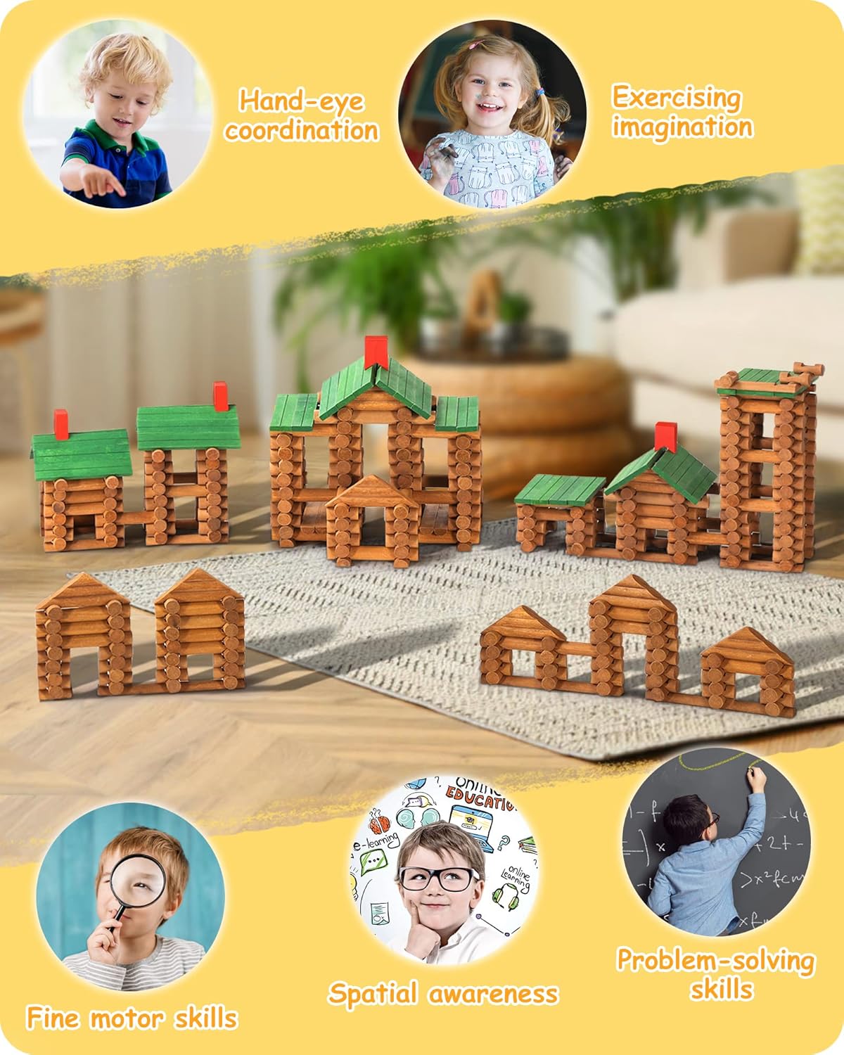 SainSmart Jr. 300 PCS Wooden Log Cabin Set Building House Toy for Toddlers, Classical STEM Construction Kit Compatible with Lincoln Logs for 3+ Kids