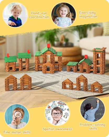SainSmart Jr. 300 PCS Wooden Log Cabin Set Building House Toy for Toddlers, Classical STEM Construction Kit Compatible with Lincoln Logs for 3+ Kids