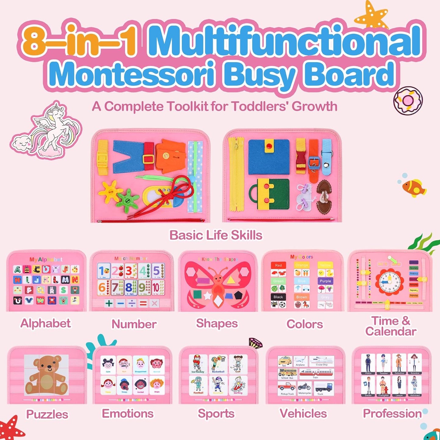 GONINO Toddler Busy Board Montessori Toys for 1-3 Year Old, Dinosaur Space Busy Book with 23 Activities for Learning Fine Motor Skills, Sensory Travel Toys for Airplane Car, Gifts for Boys Girls, Blue