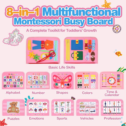 GONINO Toddler Busy Board Montessori Toys for 1-3 Year Old, Dinosaur Space Busy Book with 23 Activities for Learning Fine Motor Skills, Sensory Travel Toys for Airplane Car, Gifts for Boys Girls, Blue
