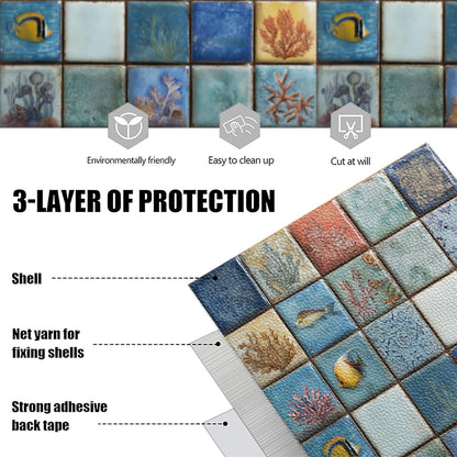 Wall Tiles Peel and Stick 12x12 Inch Ocean Coral Fish Pattern Vinyl Stickers Self Adhesive Tiles for Kitchen Bathroom Shower Laundry Room Aquarium Theme Home Renovation DIY Decor