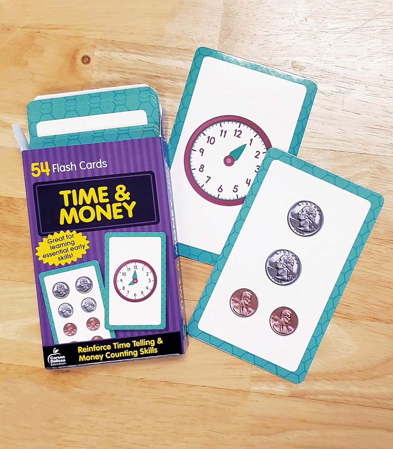 Carson Dellosa 54 Time and Money Flash Cards, Flashcards With Counting Currency and Analog and Digital Clock Practice, Kindergarten Learning Activities and Math Games for Kids 5-7