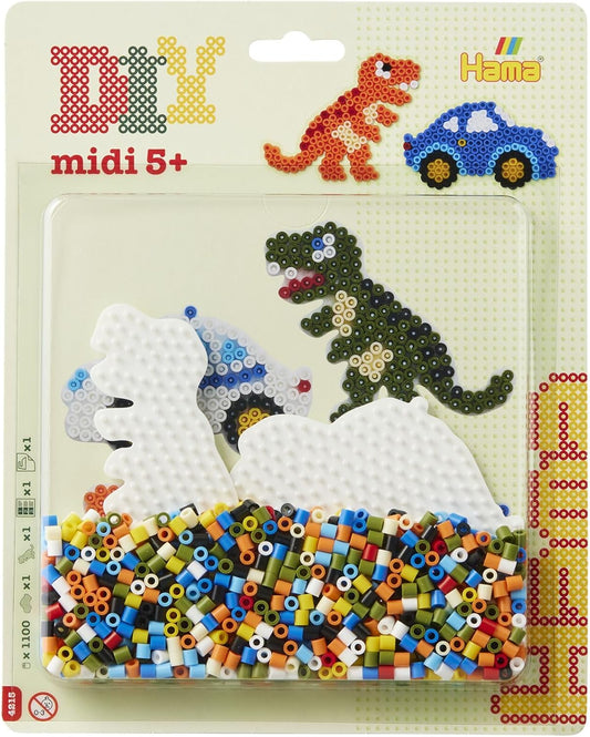 Hama Perlen 4215 Iron-On Beads Dino and Car, Blister Pack with Approx. 1,100 Midi Beads, 2 Pin Plates for Inserting Together, Ironing Paper and Instructions, for Children from 5 Years, Colourful