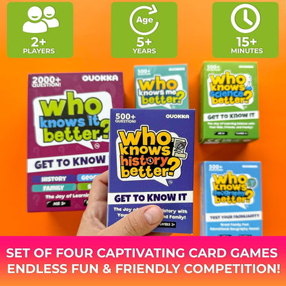 QUOKKA Board Games for Kids 8-12 and Family - Set of 4 Who Knows It Better? - 2000+ Questions Across Biology, Culture, STEM and Math - Educational Trivia Cards for Learning and Game Night