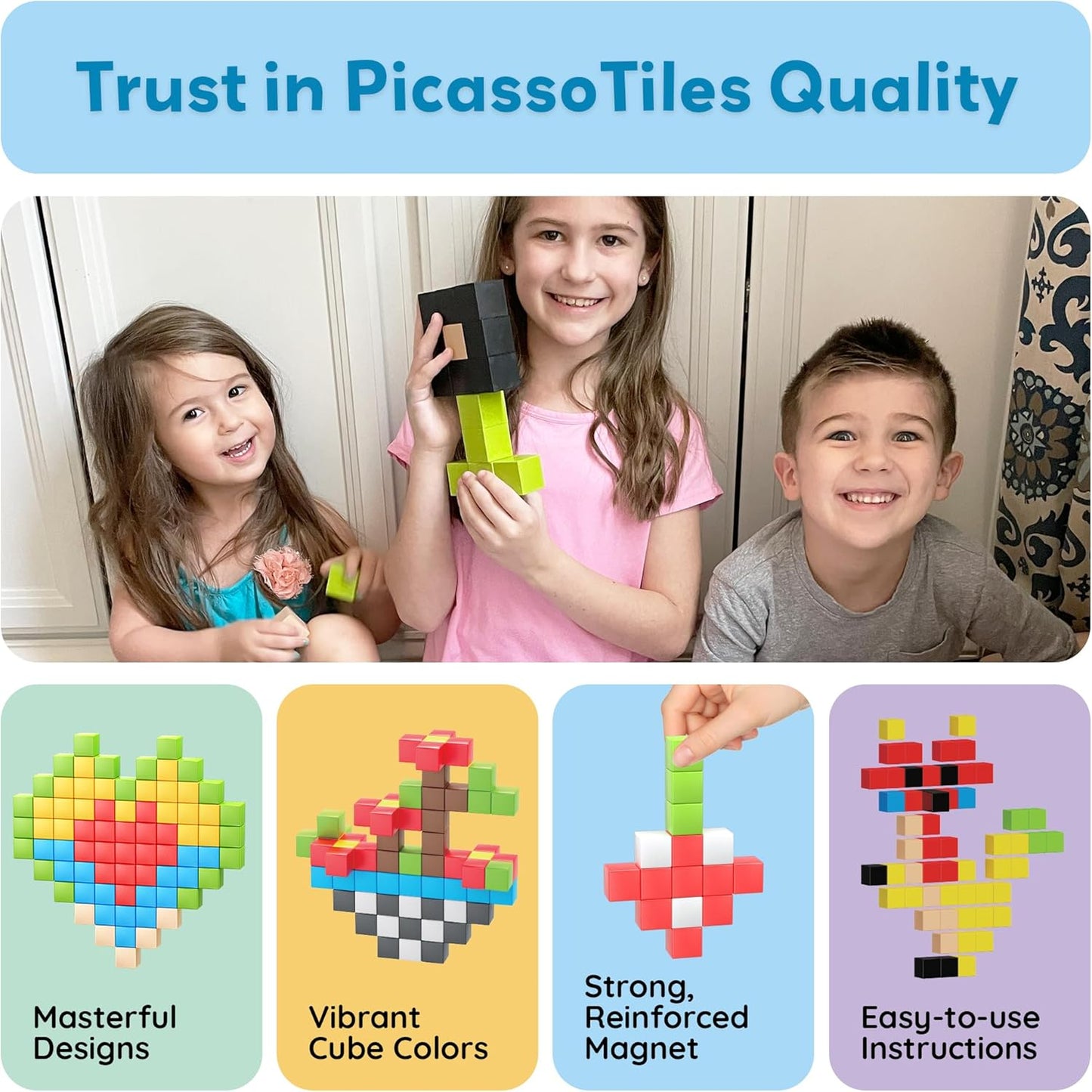 PicassoTiles 60pc Magnetic Puzzle Cube Building Set 1 Inch 3D Blocks STEM Construction Toy for Toddlers Kids Boys Girls Age 3+ Montessori Learning Travel Sensory Gift with Educational Idea Book PMC60