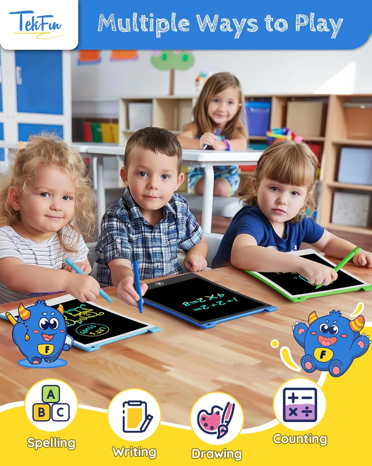 TEKFUN Kids Toys, 2Pcs LCD Writing Tablet with 4 Stylus, 8.5in Erasable Doodle Board Mess Free Drawing Pad for Kids, Car Trip Educational Toys Birthday for 3 4 5 6 7 Girls Boys