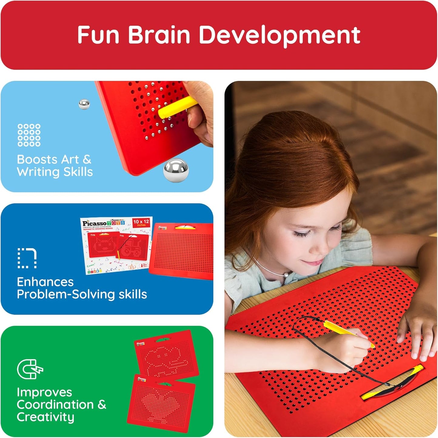 PicassoTiles 2PK 4-in-1 Magnetic Drawing Board 12x10 inch Large Magnet Tablet Pad with 4 Facings Lowercase & Uppercase Alphabets, Numbers, & Freestyle STEM Learning Writing Reading Playboard PTB06