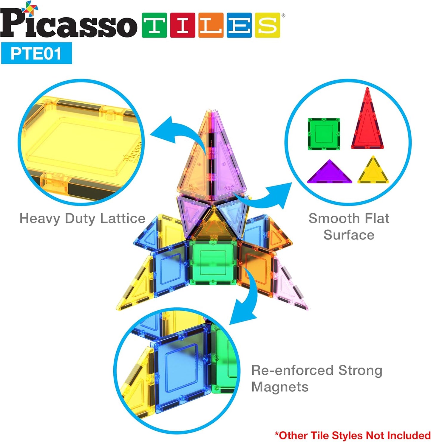 PicassoTiles 4pcs Magnetic Building Block Large Square Shape Magnet Tiles Construction Toy STEM Learning Kit Educational Playset Playboard Pretend Play Stacking Blocks Child Brain Development PTE09