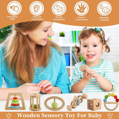 Wooden Rattles for Baby, 7PCS Wooden Montessori Toys for 7-24 Months Baby Boy Girl, Natural Beech Wood Grasping Toy, Gift for Babies