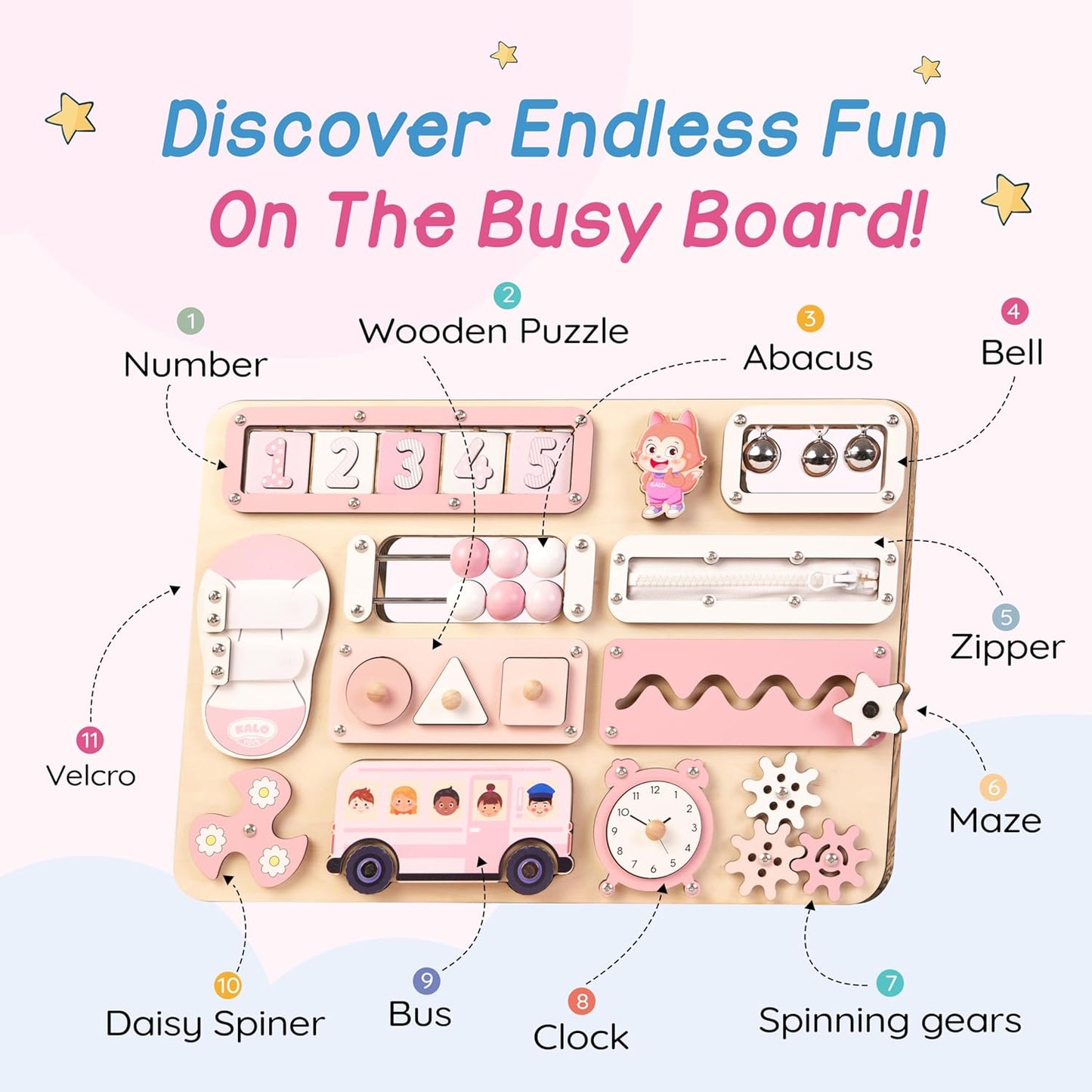 KALOTOYS Large Montessori Busy Board for Baby & Toddlers 1-3 — 17-Inch Wooden Sensory Activity Board — Fine Motor Skills & Early Learning Educational Toy for 1 2 3 Year Old, Travel Friendly & Safe