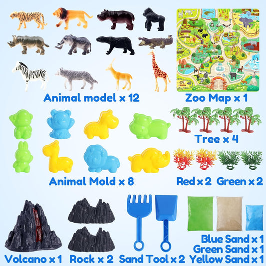 Billeeit Animal Sensory Bin Sand Toy, Play Sand Kit w/lid and 2.2lbs Moldable Sensory Sand, Molds, Tools, Map Set 30+pcs Total, Fun Gifts for Kids 3+